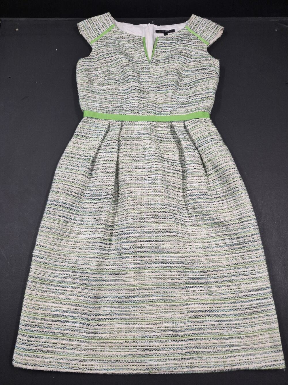David Meister Green Tweed A-Line Sleeveless Dress Retro Size 4